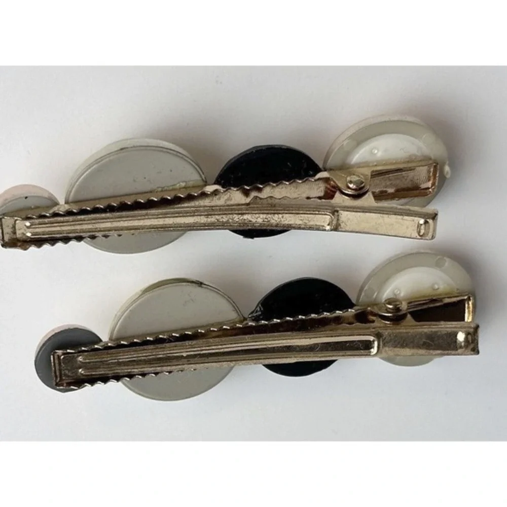Set of Vintage Style Gold Tone Alligator Hair Clips Faux Pearl Black Crystal J-0